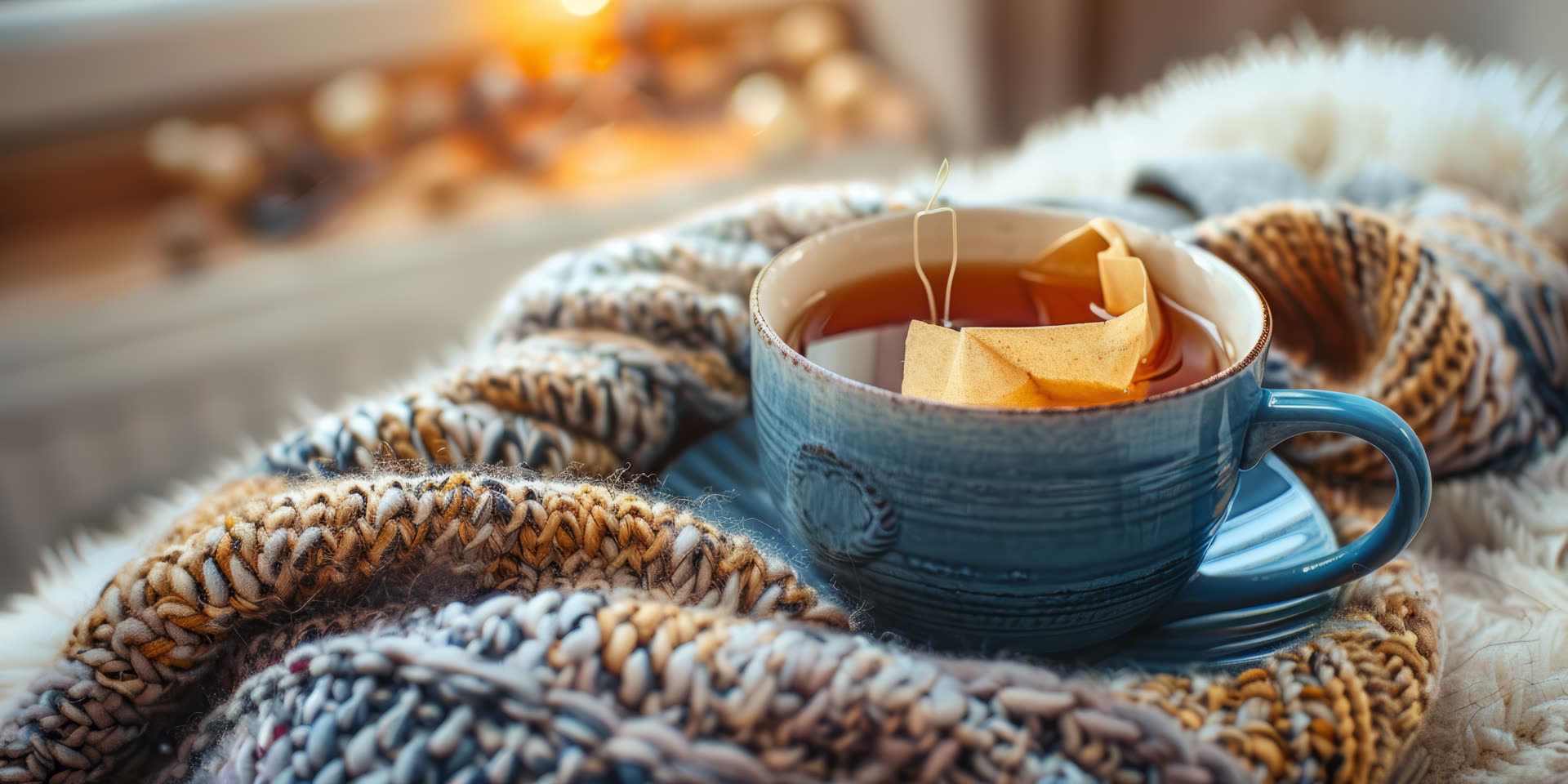Tasse Tee mit ziehendem Teebeutel auf einer Wolldecke, warmes Licht im Hintergrund